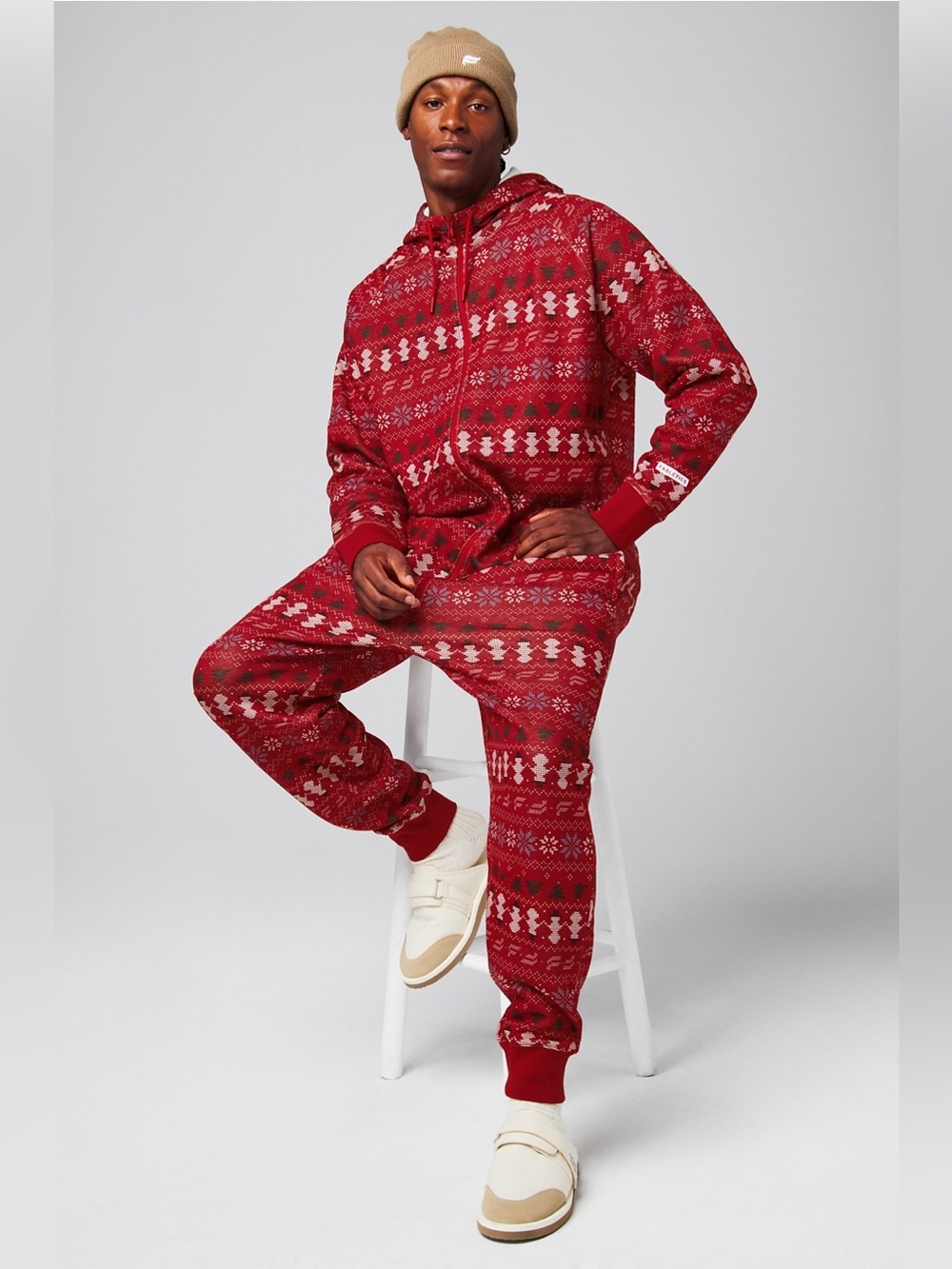 Fabletics Holiday The Go-To Fleece Hooded Onesie XL Holly Berry cozy Christmas